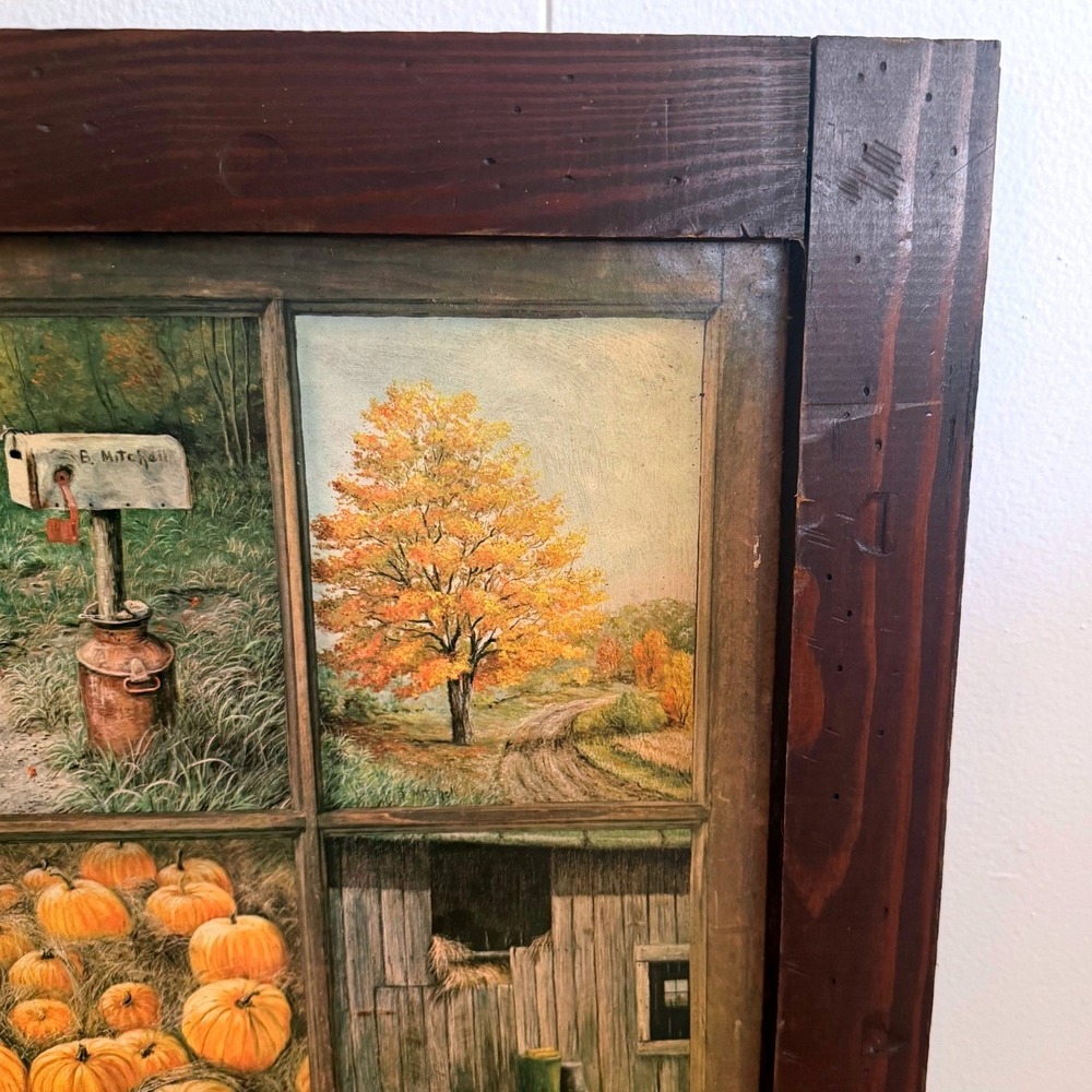 Vintage Homco B Mitchell Rustic Farmhouse 12 Panel Wood Framed Wall Art 24 x 24 - Picture 4 of 6